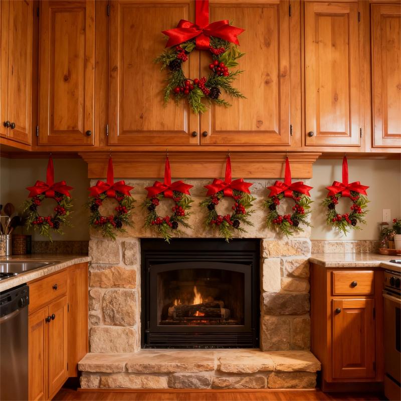 6-Pack Christmas Mini Window Wreaths with Ribbon Bows & Red Berries - Small Cabinet Hangers, Farmhouse Style Kitchen Door Decor for Christmas Party Arrangements